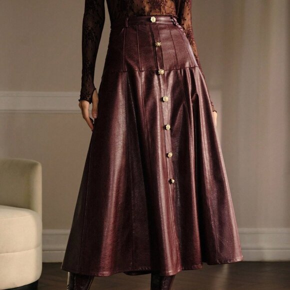 brown Elegant Women's Faux Leather Buckle Detail Skirt - Picture 4 of 6